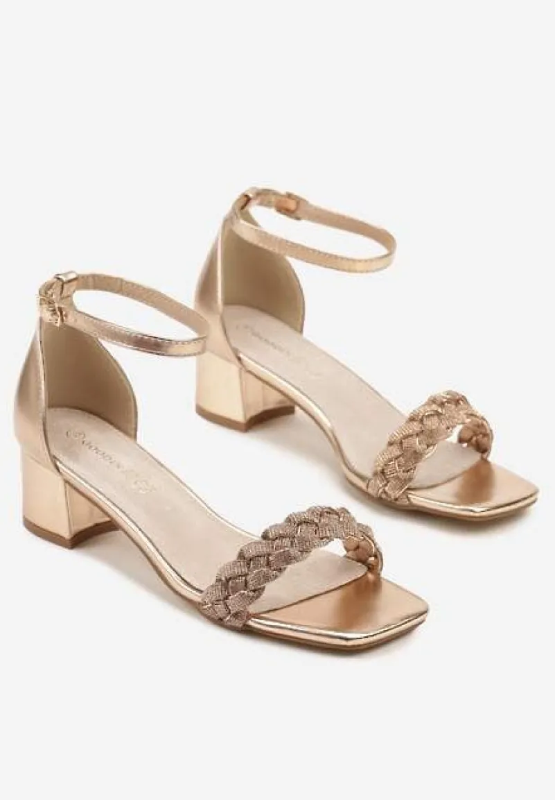 Szampańskie Sandały na Słupku z Wkładką ze Skóry Naturalnej Ozdobione Cyrkoniami Vevelessa