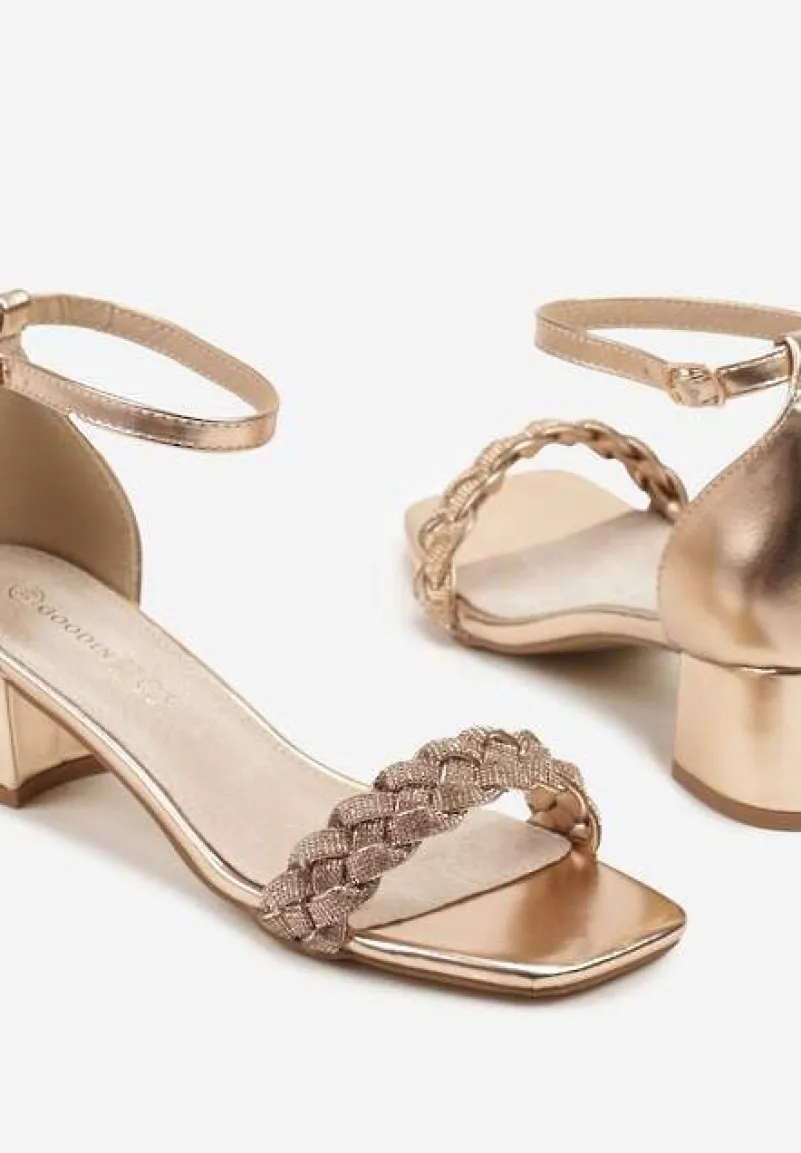 Szampańskie Sandały na Słupku z Wkładką ze Skóry Naturalnej Ozdobione Cyrkoniami Vevelessa