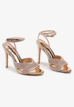 Szampańskie Sandały na Szpilce z Cyrkoniami i Paseczkiem Wokół Kostki Irivane