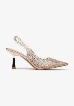 Szampańskie Sandały Szpilki z Noskiem w Szpic Zdobione Cyrkoniami Hanalitia