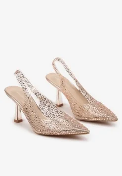 Szampańskie Sandały Szpilki z Noskiem w Szpic Zdobione Cyrkoniami Hanalitia