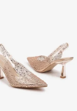 Szampańskie Sandały Szpilki z Noskiem w Szpic Zdobione Cyrkoniami Hanalitia