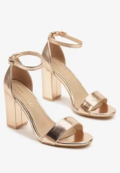 Szampańskie Sandały Vices na Słupku ze Skórzaną Wkładką Ozdobione Paskami Ediritia