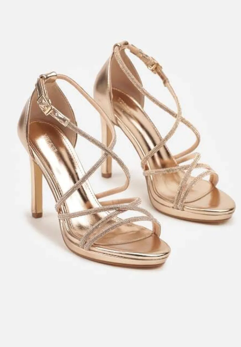 Szampańskie Sandały Vices na Szpilce Ozdobione Cyrkoniami Sarerelle