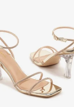 Szampańskie Sandały Vices Ozdobione Cyrkoniami na Przeźroczystej Szpilce Nativira