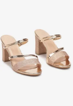 Szampańsko-Złote Sandały na Słupku Zdobione Brokatem Clymiore