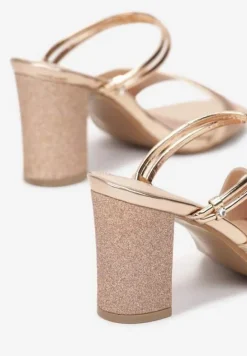 Szampańsko-Złote Sandały na Słupku Zdobione Brokatem Clymiore