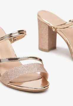 Szampańsko-Złote Sandały na Słupku Zdobione Brokatem Clymiore