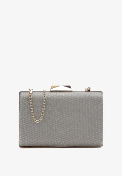 Szara Brokatowa Torebka Kopertówka na Zatrzask z Łańcuszkiem Aciana