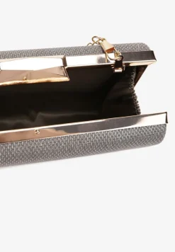 Szara Brokatowa Torebka Kopertówka na Zatrzask z Łańcuszkiem Aciana