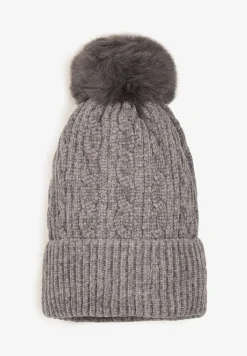 Szara Czapka w Ozdobny Warkoczowy Splot z Pomponem Emmilae