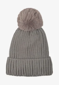Szara Czapka z Dzianinowego Materiału Ozdobiona Puszystym Pomponem Lilinde