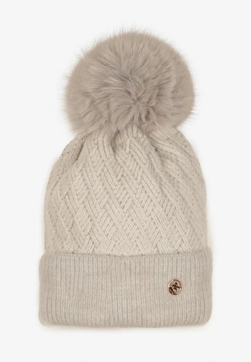 Szara Czapka z Wiskozą Metaliczną Nicią i Pomponem Berira