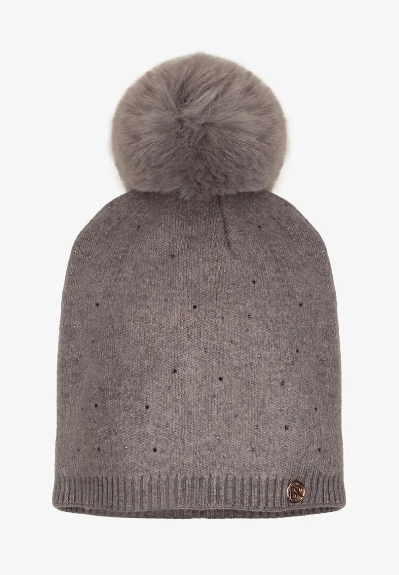 Szara Czapka z Wiskozą z Futrzanym Pomponem i Cyrkoniowym Zdobieniem Jackitha