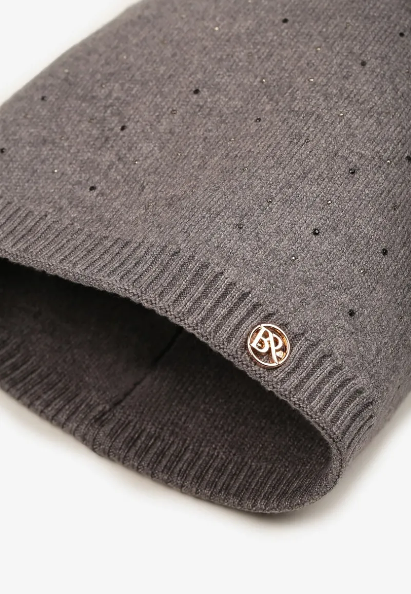 Szara Czapka z Wiskozą z Futrzanym Pomponem i Cyrkoniowym Zdobieniem Jackitha