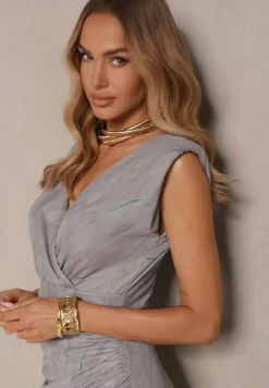 Szara Marszczona Sukienka z Siateczki Dopasowana Zeiriane