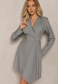 Szara Mini Sukienka z Plisami i Kopertowym Dekoltem Ozdobiona Guzikami Eiloni