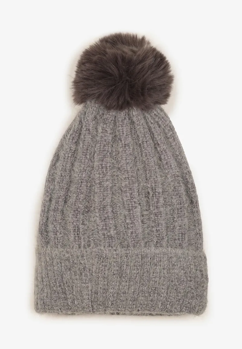 Szara Prążkowana Czapka Ozdobiona Pomponem Vamilora
