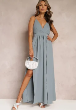 Szara Rozkloszowana Sukienka Maxi na Ramiączkach z Trójkątnym Dekoltem Claudi