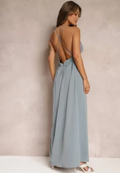 Szara Rozkloszowana Sukienka Maxi na Ramiączkach z Trójkątnym Dekoltem Claudi