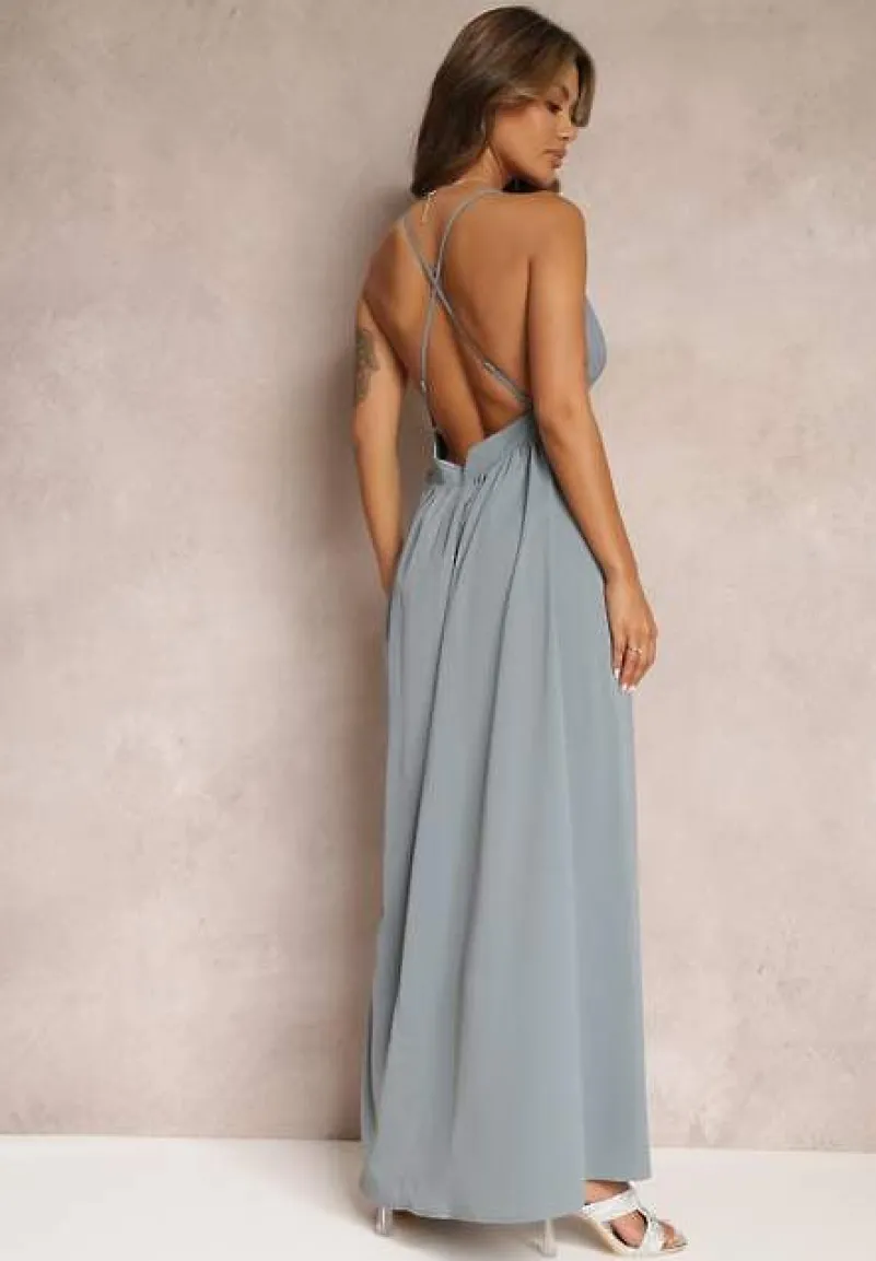 Szara Rozkloszowana Sukienka Maxi na Ramiączkach z Trójkątnym Dekoltem Claudi