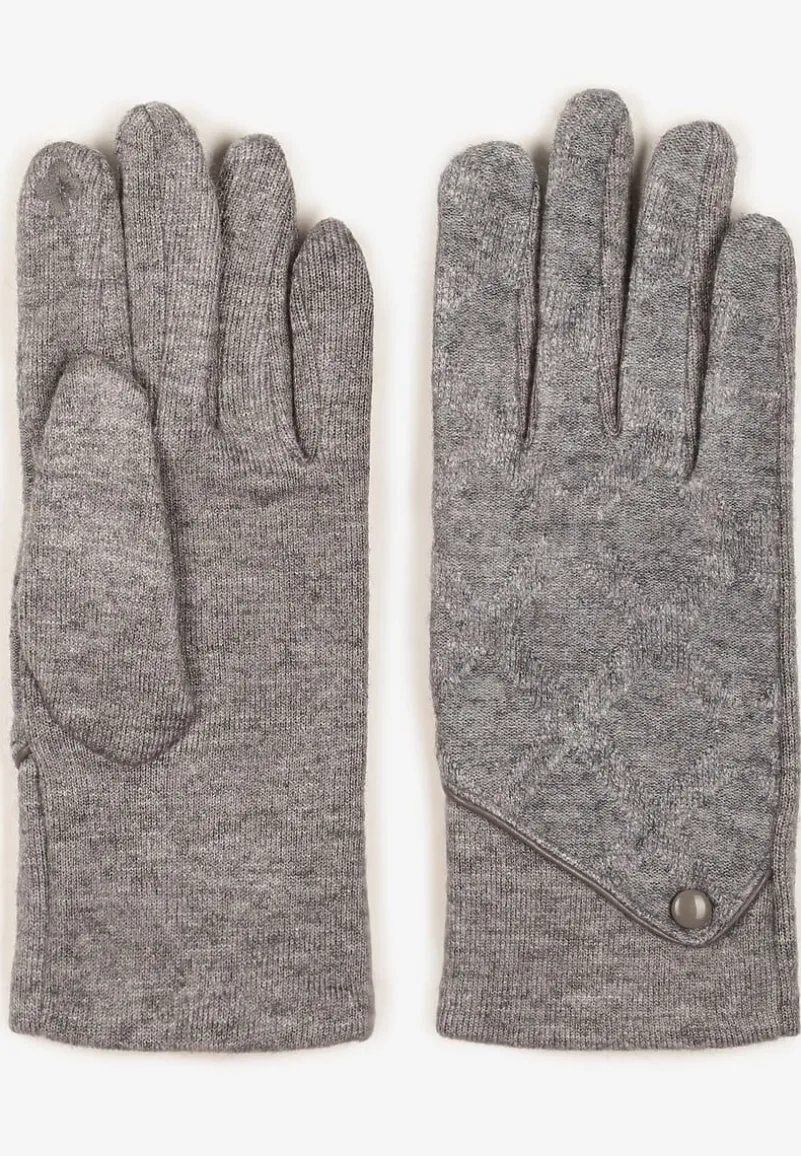 Szare Dzianinowe Rękawiczki Eleganckie z Ozdobnym Guzikiem Senindra