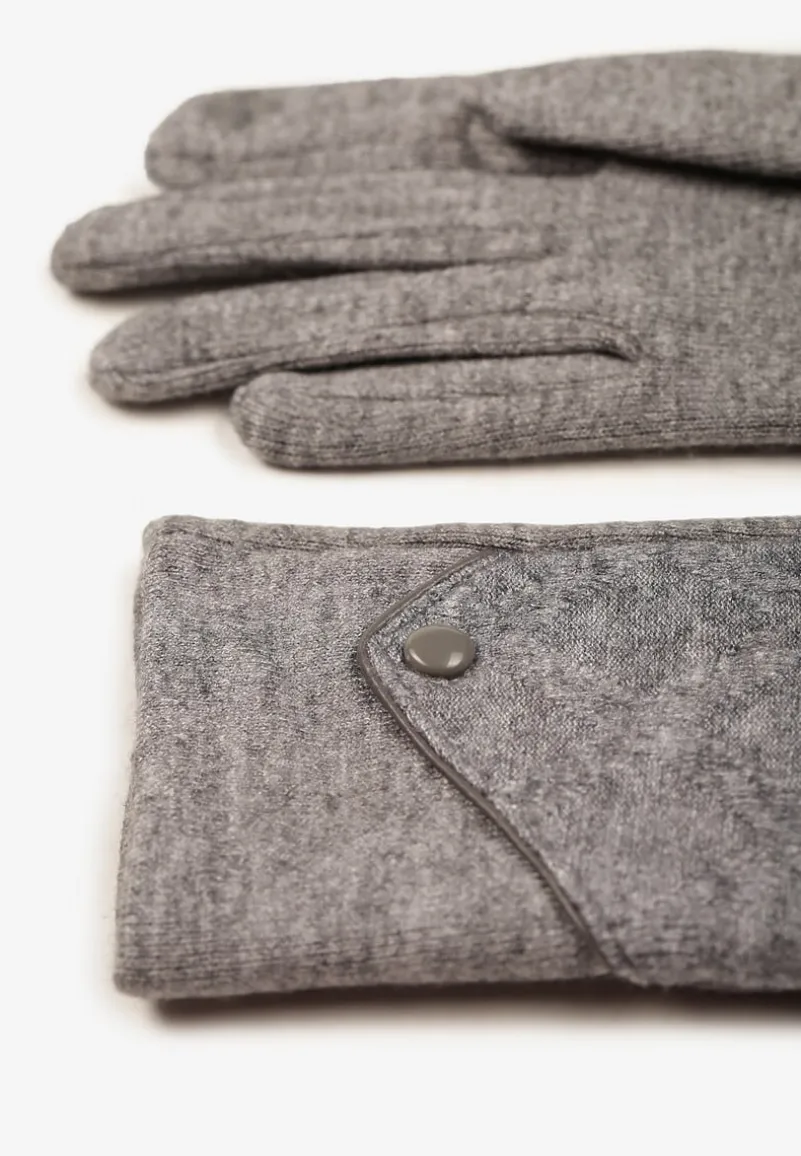 Szare Dzianinowe Rękawiczki Eleganckie z Ozdobnym Guzikiem Senindra