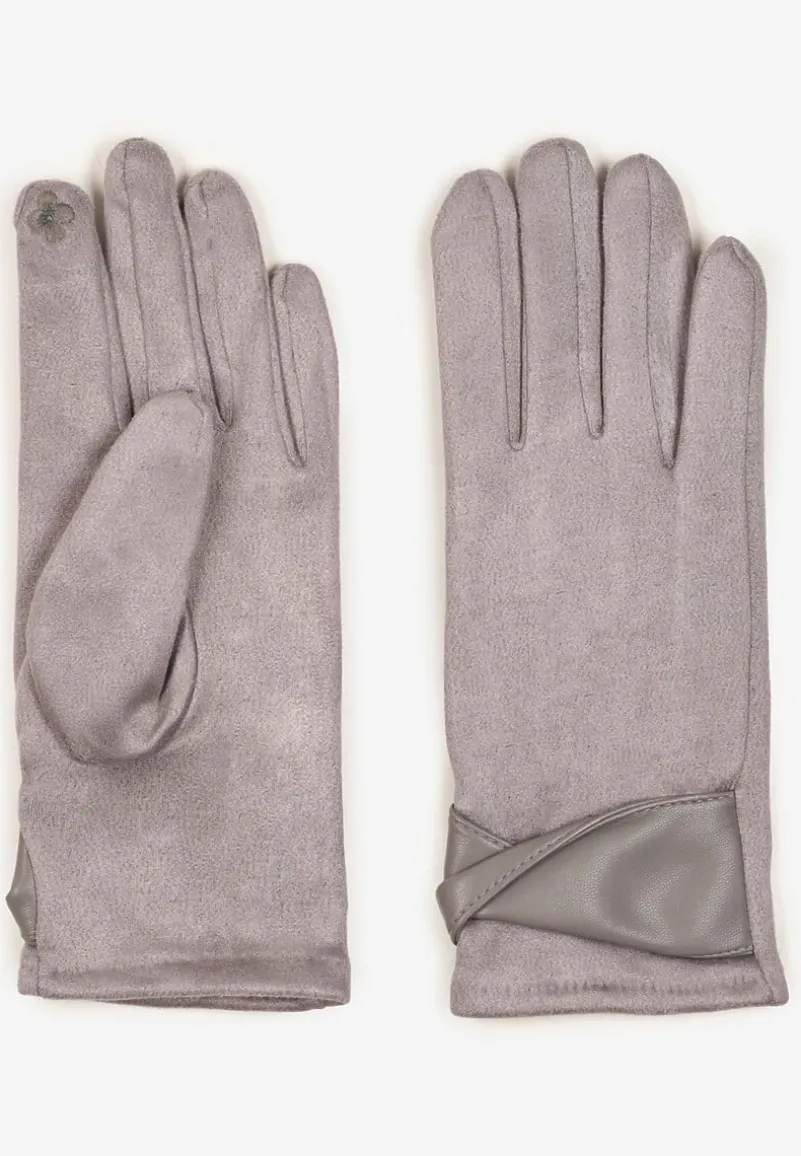 Szare Eleganckie Rękawiczki z Bawełną i Wywiniętą Aplikacją przy Nadgarstku Sissemi