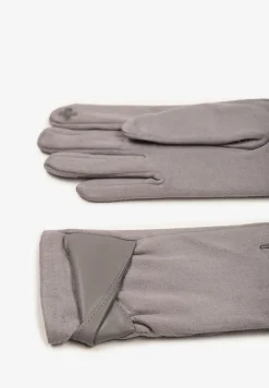 Szare Eleganckie Rękawiczki z Bawełną i Wywiniętą Aplikacją przy Nadgarstku Sissemi