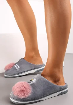 Szare Kapcie na Płaskiej Podeszwie z Pomponem i Haftem Xamela