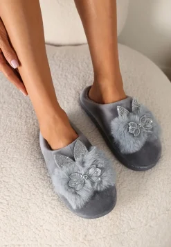 Szare Kapcie na Płaskiej Podeszwie z Cyrkoniami i Futerkiem Dezilie