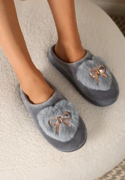 Szare Kapcie na Płaskiej Podeszwie z Kokardą Lerilina