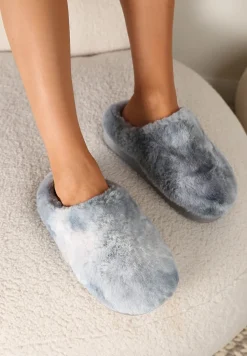 Szare Kapcie na Płaskiej Podeszwie z Futerkiem Leranna