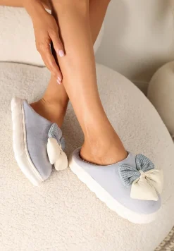 Szare Kapcie na Płaskiej Podeszwie z Futerkiem i Kokardą Dezilaine