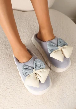 Szare Kapcie na Płaskiej Podeszwie z Futerkiem i Kokardą Dezilaine