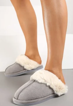 Szare Kapcie na Płaskiej Podeszwie z Przeszyciem i Futerkiem Savarilin