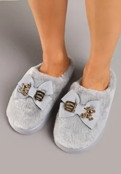 Szare Kapcie na Platformie Ozdobione Futerkiem Aplikacją i Kokardą Feziara