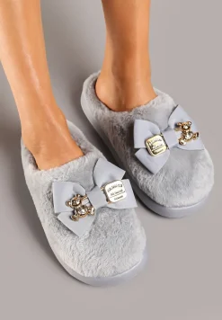 Szare Kapcie na Platformie Ozdobione Futerkiem Aplikacją i Kokardą Feziara