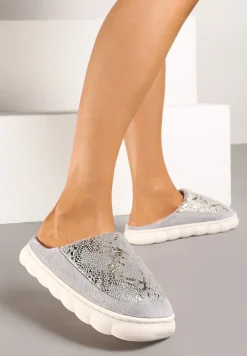 Szare Kapcie Vices na Platformie z Tłoczeniem Ozdobione Metalicznym Wzorem Zeanivra