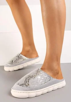 Szare Kapcie Vices na Platformie z Tłoczeniem Ozdobione Metalicznym Wzorem Zeanivra