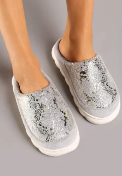 Szare Kapcie Vices na Platformie z Tłoczeniem Ozdobione Metalicznym Wzorem Zeanivra