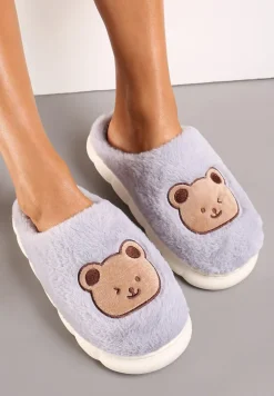 Szare Kapcie w Misie ze Sztucznym Futerkiem Eleesha