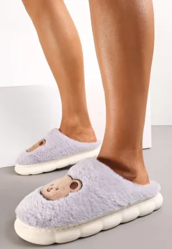 Szare Kapcie w Misie ze Sztucznym Futerkiem Eleesha