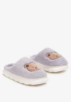 Szare Kapcie w Misie ze Sztucznym Futerkiem Eleesha