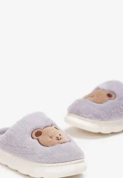 Szare Kapcie w Misie ze Sztucznym Futerkiem Eleesha