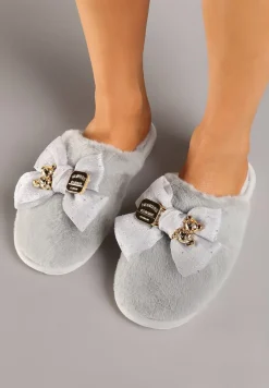 Szare Kapcie Wsuwane z Futerkiem Ozdobione Kokardą z Metalowymi Detalami Reaniara