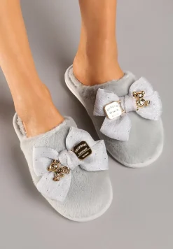 Szare Kapcie Wsuwane z Futerkiem Ozdobione Kokardą z Metalowymi Detalami Reaniara