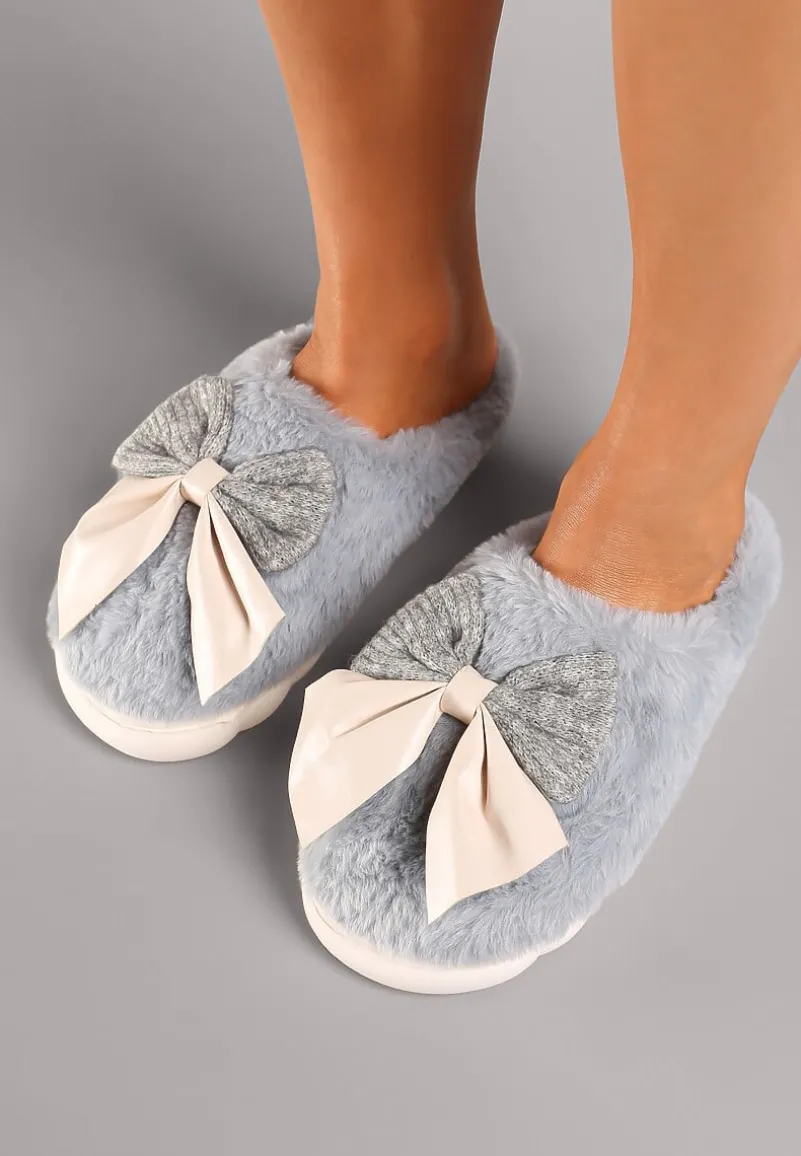 Szare Kapcie z Dużą Kokardą i Futerkiem Naonelle
