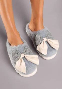 Szare Kapcie z Dużą Kokardą i Futerkiem Naonelle