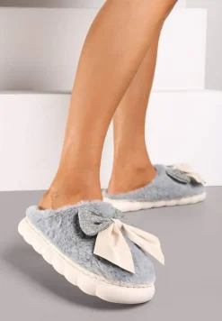 Szare Kapcie z Dużą Kokardą i Futerkiem Naonelle